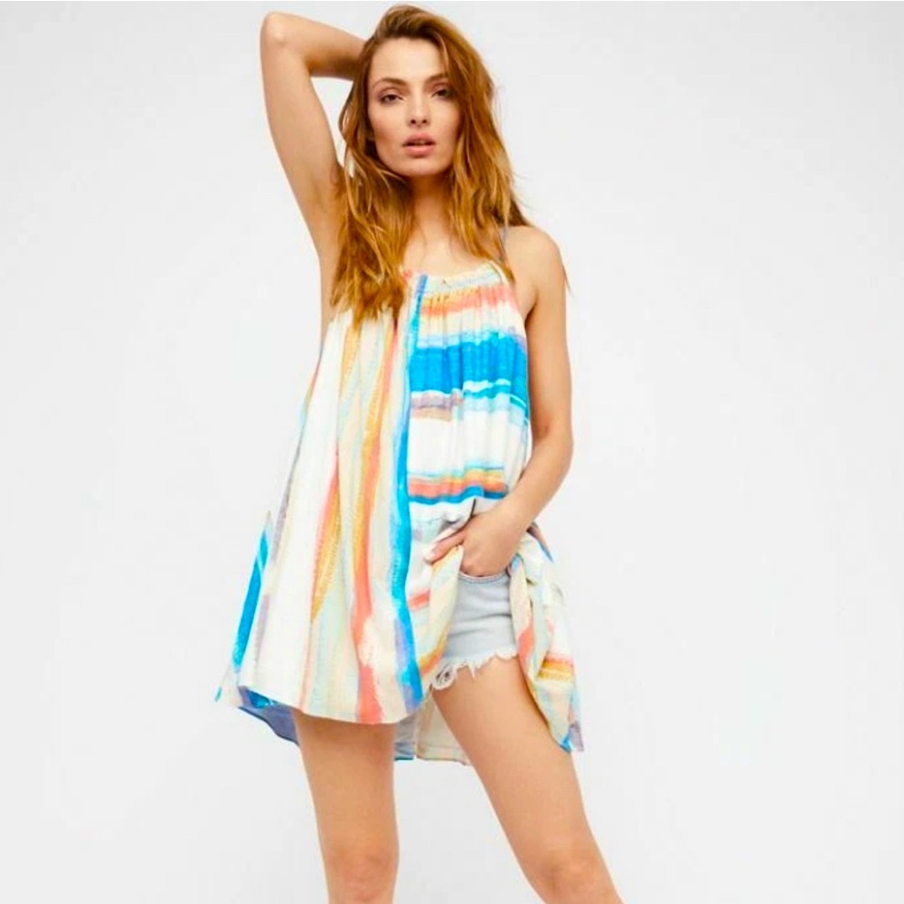 FREE PEOPLE Dress Painted Stripe Colorblock Lined White Blue Colorful